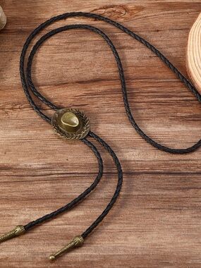 Amazon Black Braided Leather Cowboy Bolo Tie with Brass Hat Slide